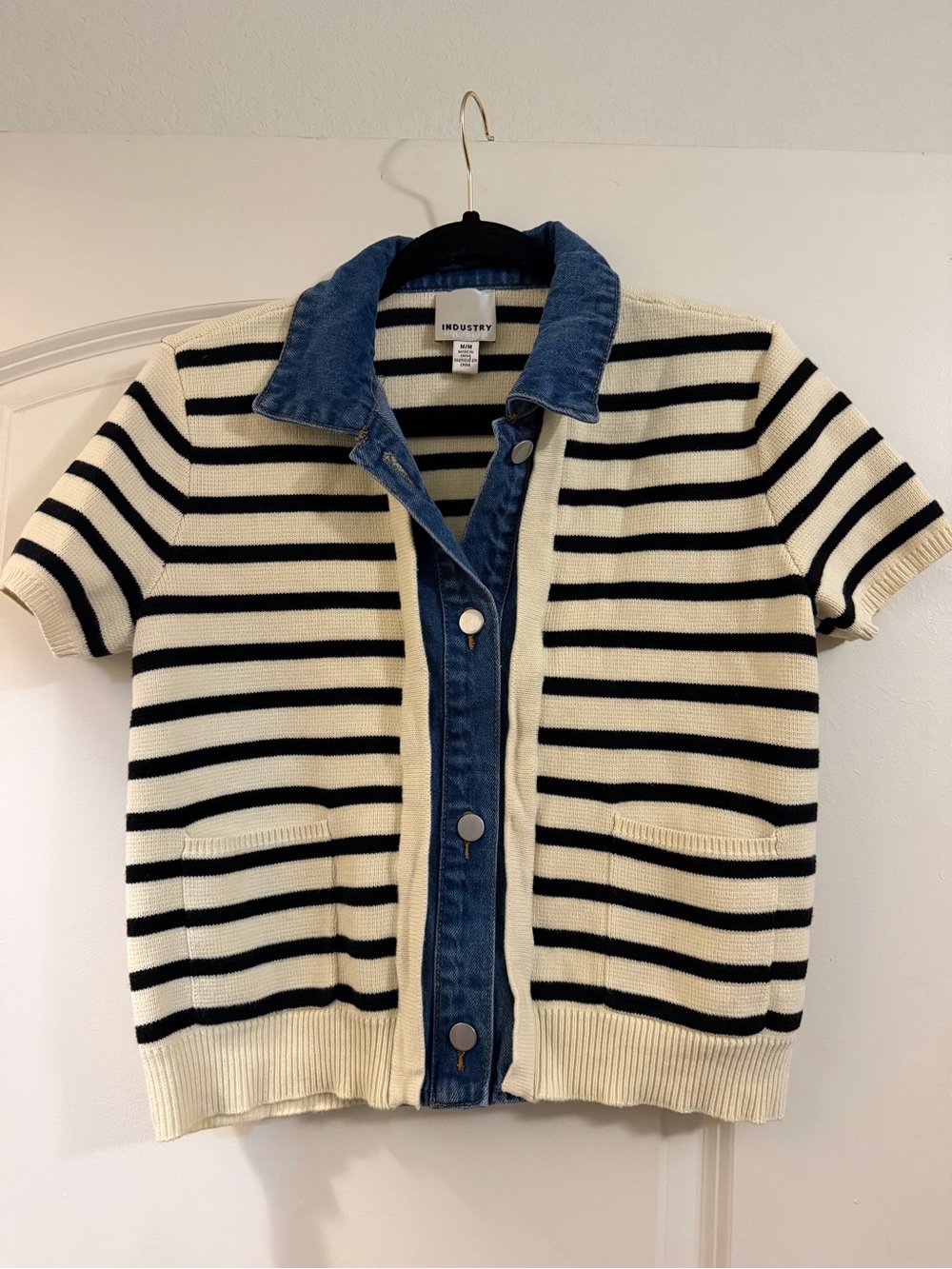 INDUSTRY Navy & Cream Striped Short-Sleeve Knit Top with Denim Trim